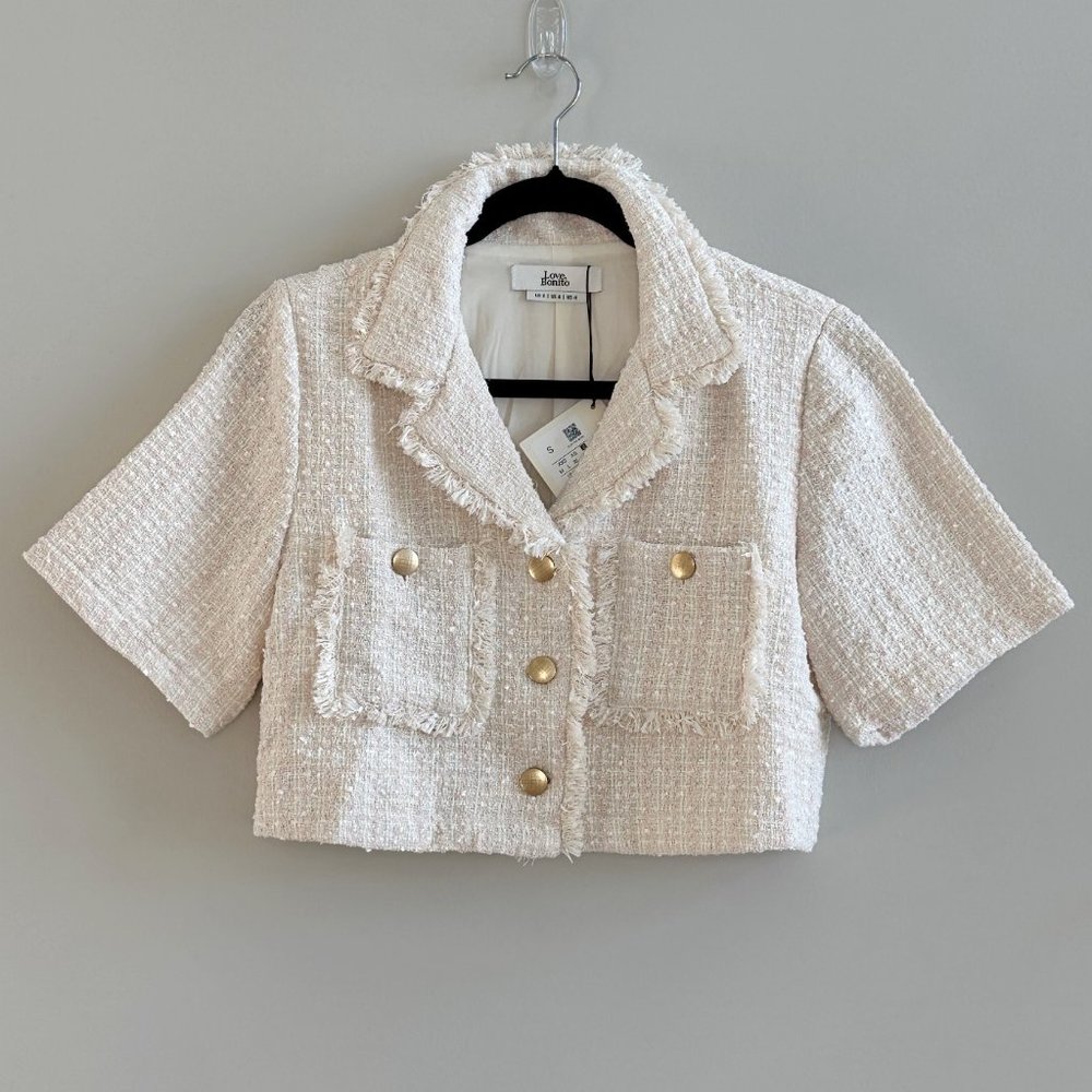 NWT Love Bonito Lannie Tweed Cropped Short-Sleeve Jacket Blush Small
